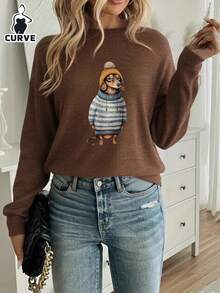 Damen Pullover in Große Größen mit Dackel-Muster, wärmende Kunstwollfaser, geeignet für Herbst/Winter, Herbstmode, warm, Oberbekleidung, Schulanfang, Erster Schultag 2026 Frühling - Braun - Übersicht 4