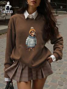 Damen Pullover in Große Größen mit Dackel-Muster, wärmende Kunstwollfaser, geeignet für Herbst/Winter, Herbstmode, warm, Oberbekleidung, Schulanfang, Erster Schultag 2026 Frühling - Braun - Übersicht 3