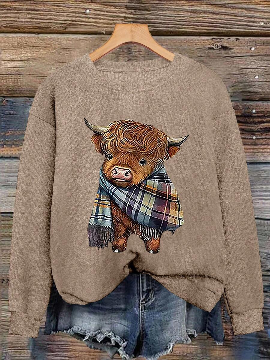 女士休闲保暖奶牛印花上衣，返校季，2026年开学第一天 - 駝色 - 查看 1