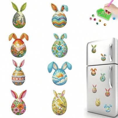 6 piezas Imanes de nevera de arte de diamantes, decoración de pintura de diamantes con orejas y huevos de conejo de Pascua, kit de pintura de diamantes DIY para manualidades, regalos, decoración de nevera y buzón