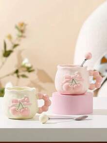 1pc Cute Cherry Pattern Ceramic Coffee Mug, Delicate 3D Embossed Ceramic Cup, Birthday Gift For Friends, Home & Office Daily Use, Ceramic Water Cup, Wedding Gift, Mother's Day Gift, Father's Day Gift - Multicolor - View 9