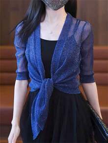 女士亮面长袖透明前系带开衫，派对轻薄短款披肩 - 彩色 - 查看 8