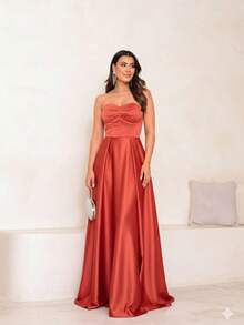 Long Strapless Satin Dress With Side Slit, Casual Party Style. - Terracotta - View 3