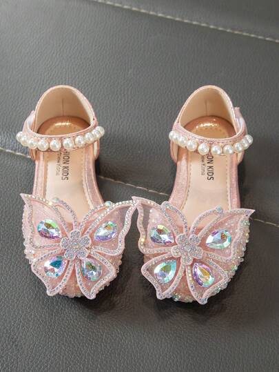 1 Pair New Fashion Versatile Pink Girl's Pearl & Rhinestone Bow Decor Cute Flat Shoes, Round Toe, Suitable For Daily Wear, Dancing, Outdoor In Spring And Autumn, Sequin Decoration Closed Toe Princess Dance Shoes