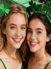 6pcs Face Tattoos, Leaf Face Stickers, Shamrock Temporary Tattoos, Green Makeup Tattoos, Green Freckle Face Tattoos, Paper Material, Oblong Shape - Multicolor - View 8