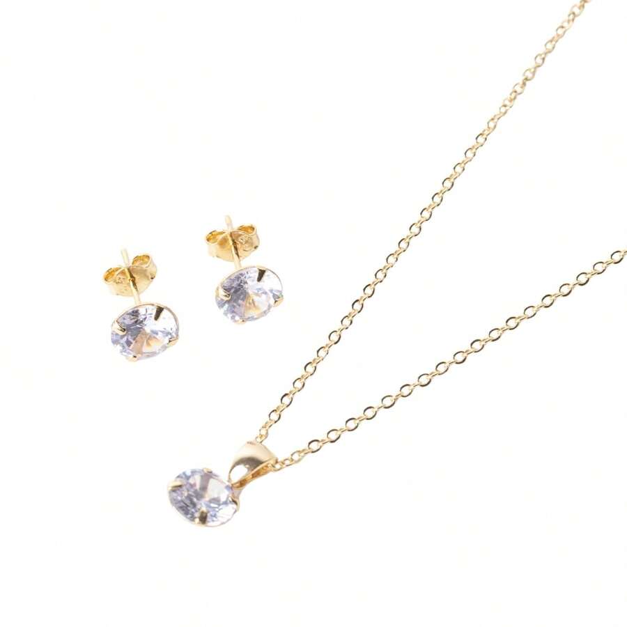 Gold Set Necklace And Solitaire Earring With Crystal Zirconia - pha lê - Xem 1