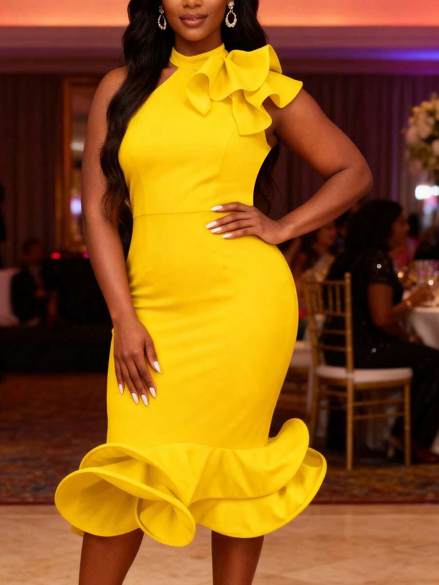 AOMEI Women's Fashionable Summer Yellow One-Shoulder Dress, Asymmetric Ruffle Sleeve Fitted Mermaid Dress, Suitable For Formal Occasions And Cocktail Parties