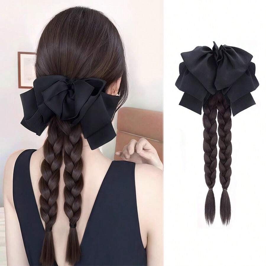 Ponytail Hair Clip, Faux Hair French Messy Bowknot Double Braid Long Ponytail Wig For Women - Multicolor - View 1