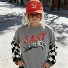 Easy Tiger Shirt Retro Boho Tee Unisex Aesthetic Shirt Graphic Tee Y2k Woman Teen Girls Tee Crew Neck Cool Summer Shirt Short Sleeve Top,Animal Fruite Pet Pattern, Women Graphic-Shirt, Fashion 2026,Gifts, Women's Clothing, Cartoon And Letter Printing, Comfortable Cotton Material, Skin Friendly, Soft And Cool, Spring Summer Women's-Shirt Clothing - Xám - Xem 4