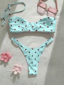 New Fashionable Sexy Polka Dot Print Strapless Detachable Strap Bikini Swimwear For Women, Beach Party Summer Vacation - Mint Blue - View 3