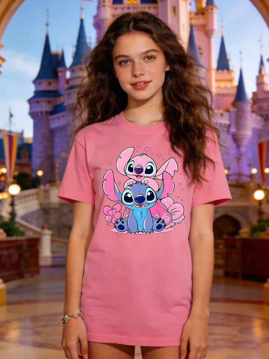 Disney Authorized Women's Casual Short Sleeve T-Shirt, Lilo & Stitch Stitch & Angel Stack Print, Cute Healing Style, Breathable Comfortable Fabric, Machine Washable, All-Match For Multiple Scenarios - Hồng - Xem 1