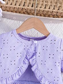 Conjunto de 2 piezas para bebé niña: Vestido de princesa con suspensores bordados y malla + Chaqueta de manga corta con volantes para actividades al aire libre - Morado - Ver 2