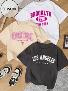 3 Stücke Damen Neue Lässige Süße Muster Locker Sitzende Rundhals Kurzarm T-Shirts, Modisch für Alltag & Urlaub. Damen Neuer Sommer Outfit, Lustiger Wahrzeichen Muster 3 Teiliges Kurzarm Set. - Verschiedenfarbig - Übersicht 2