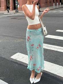 Women's Fashion Street Chiffon Double-Layer Mint Green Floral Vacation Style Minimalist Versatile Skirt Spring - Mint Green - View 2