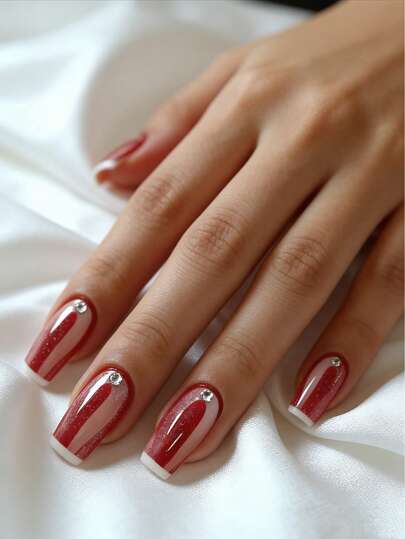 24 Pieces Red Nail Medium Size Manicure Patches White Edge French Glitter Rhinestone Design Acrylic Manicure Set, Including 1 Piece Of Jelly Glue And 1 Nail File, Suitable For Hen Parties, Proms, Daily Casual Wear. Removable And Reusable Nail Decorations