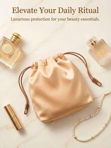 Burberry Goddess抽绳化妆包 - 单件香槟色缎面化妆包，饰以皮革点缀和金色Logo印花，奢华设计师旅行及日常收纳包 - 橘色 - 查看 5