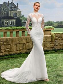 White Applique Mesh Patchwork Zipper Fitted Elegant Long Sleeve Wedding Dress - White - View 10