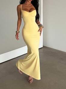 WOWDARK Summer Dress, Yellow Fashionable Women's Casual Minimalist Spaghetti Strap Backless Tie Waist Elegant Dress, Suitable For Carnival, Dates, Gatherings, Parties, Travel, Vacation, Beach And Other Occasions - Yellow - View 8