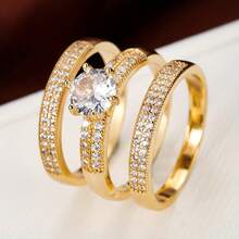 3件套女士方晶锆石可叠戴戒指 - 金黃色 - 查看 11