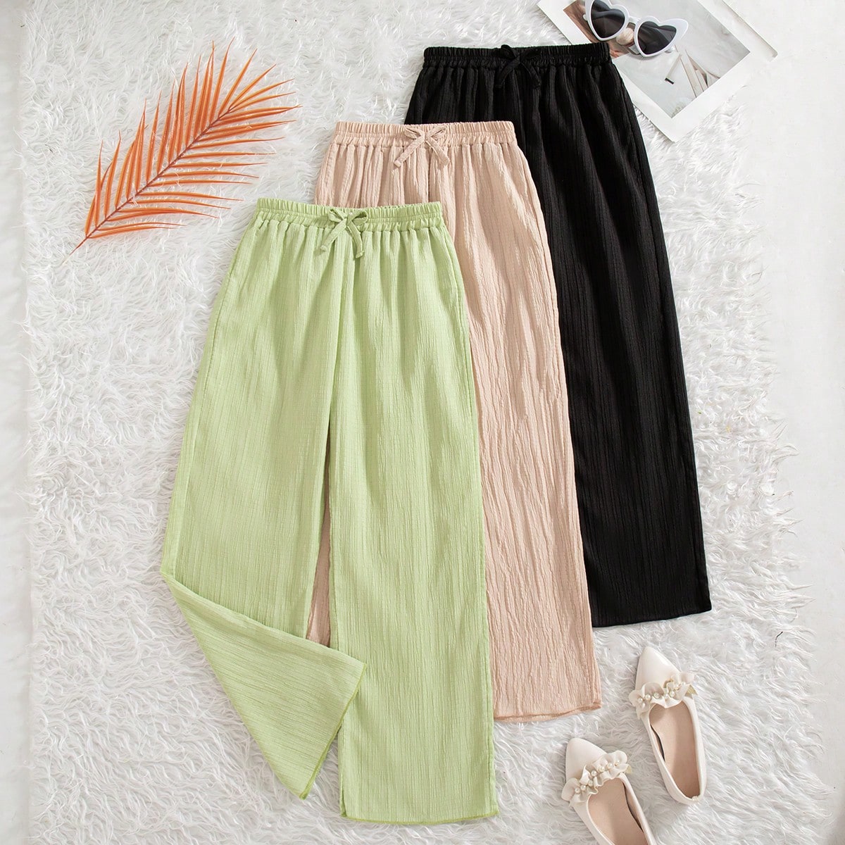 Set de 3 pantalones casuales de unicolor para niñas con decoración de lazo y cintura elástica, adecuados para primavera y otoño