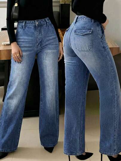 Pantalones acampanados de talle medio con ajuste relajado, bolsillos grandes y desgastados, con efecto de bigote de gato para uso casual diario