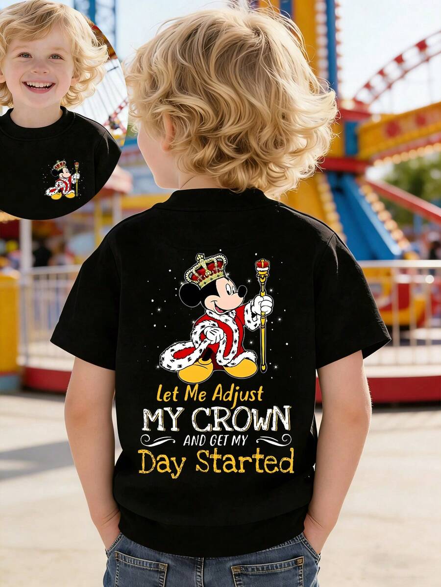 Disney Shining Boy (Double-Sided Print): King Mickey Mouse, Themed Cartoon Print, Casual And Simple Short Sleeved T-Shirt, Suitable For Spring And Summer Seasons, Suitable For Boys And Girls To Wear. Festival Gift - màu đen - Xem 1
