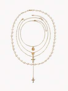 Opalesca 4 件套复古金属耶稣十字架和 Y 形仿珍珠多层长项链，时尚个性女士首饰套装，适合日常佩戴、旅行、派对、音乐节 - 珍珠款Y形項鍊(6149) - 查看 2
