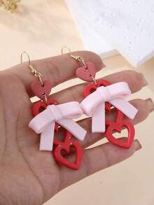 1对全新手工蝴蝶结镂空心形吊坠耳环，温柔浪漫的设计，适合约会、派对、度假等场合。 - 紅色 - 查看 5