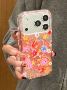 花朵图案彩色涂鸦手机壳，兼容 17/17 Pro Max、新款闪亮 16 Pro、可爱 15、创意 13、16 Pro Max，柔软硅胶保护套，带挂绳，春季风格 - 橘色 - 查看 6