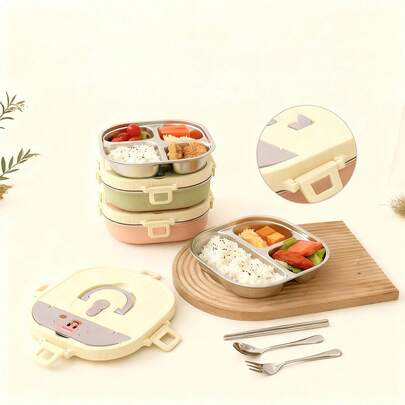 850/900ML 3/4 Compartments Portable Lunch Box With Cutlery & Handle , Cute Pattern Sealed Leak Proof 304 Stainless Steel Lunch Container Set, Large Capacity Divided Benot Box, Food Storage Container, Microwave&Dishwasher , Hot Water Heatable, Suitable For Student And Adult Use In School, Office, Outdoor Camping, Picnic, Travel