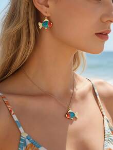 2pcs/Set Retro Fresh Ocean Style Enamel Colorful Fish Pendant Earrings Necklace Set, Women's Summer Beach Vacation Photography Outfit Jewelry Set - Golden Yellow + Colorful - View 1