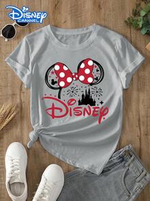 Disney Lady's T-Shirt, Featuring A Creative Cartoon Pattern Of The Disney Castle. Spring/Summer Style Women's Round-Neck T-Shirt. The Fabric Is Soft, Comfortable And Breathable, Suitable For Daily Wear, Shopping, Traveling, Parties, And When At Home. It Is Also Suitable As A Beautiful Gift. Every Lady Deserves To Own One. - 灰色 - 查看 1