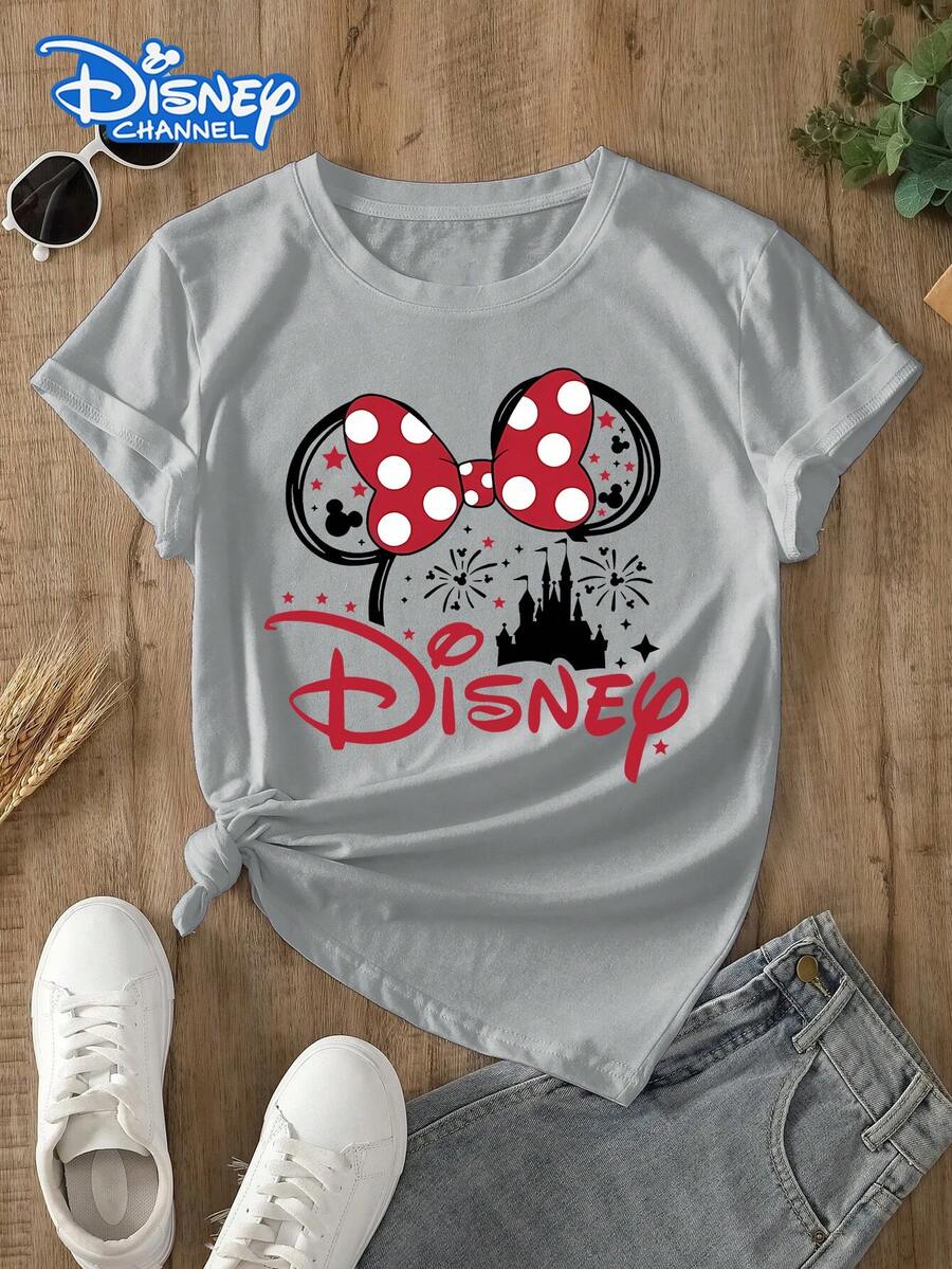 Disney Lady's T-Shirt, Featuring A Creative Cartoon Pattern Of The Disney Castle. Spring/Summer Style Women's Round-Neck T-Shirt. The Fabric Is Soft, Comfortable And Breathable, Suitable For Daily Wear, Shopping, Traveling, Parties, And When At Home. It Is Also Suitable As A Beautiful Gift. Every Lady Deserves To Own One. - 灰色 - 查看 1