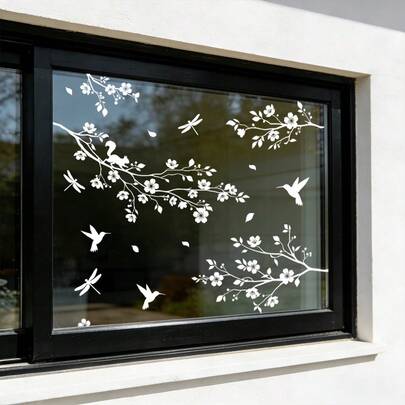1/2片白色鸟和树枝静电窗贴，可重复使用，饰有蜂鸟和花卉图案，保护隐私，适用于客厅、卧室、厨房和办公室窗户。