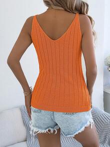 Hollow V-Neck Knit Camisole Top, Summer - Orange - View 2