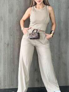 2 piezas Conjunto deportivo casual de mujer, que incluye top y pantalones - Albaricoque - Ver 2
