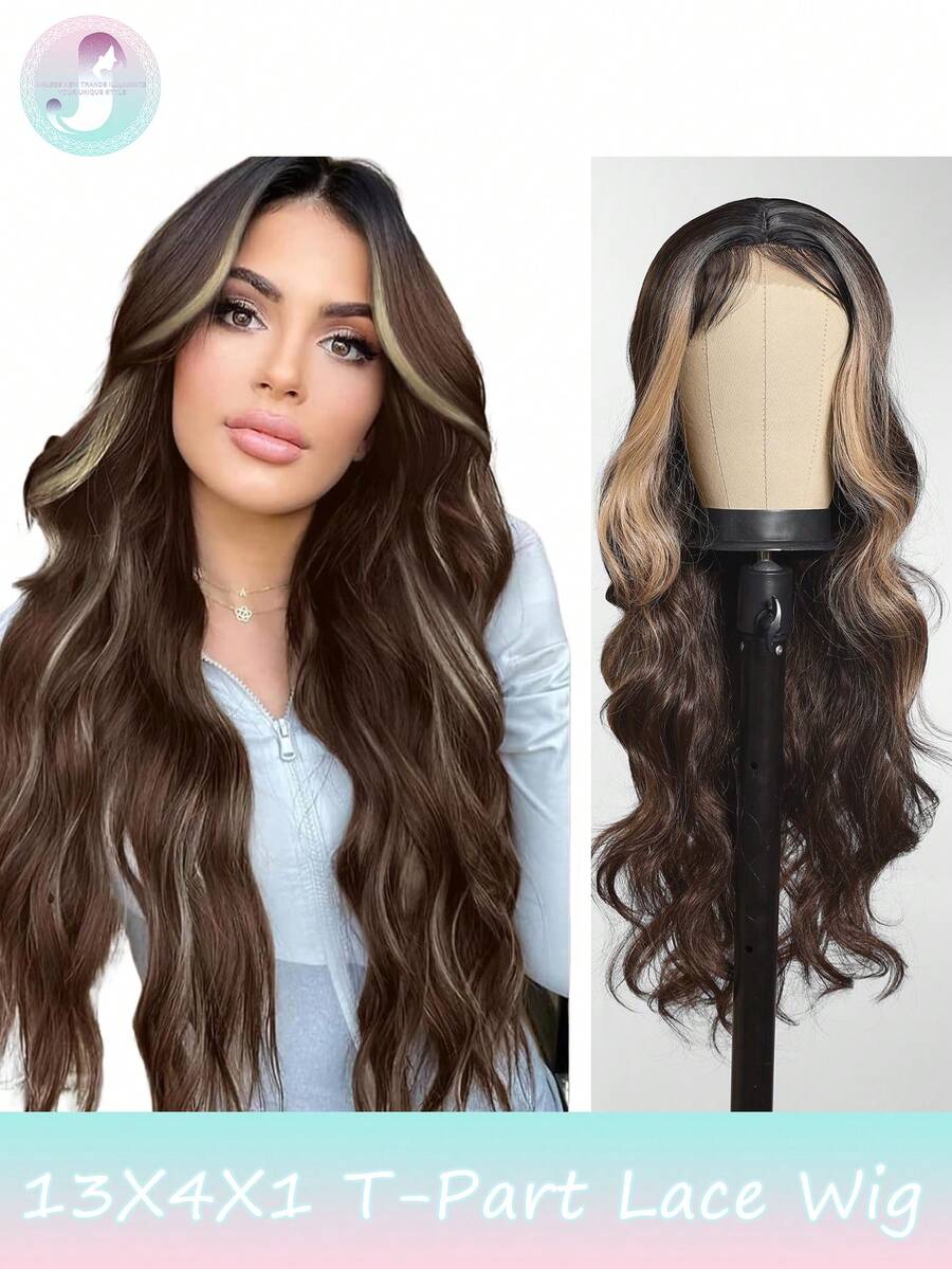 Long Gradient Brown Middle Part Wavy Wig For Women 13X4X1 T-Part Lace Wig Synthetic Lace Front Wig Heat Resistant Fiber Body Wave Glueless Wigs Natural Hairline Pre Plucked Daily Party Use Wigs 26 Inch Upgrade Your Look/Confidence Boost/Perfect Gift - Brown Ombre - View 1