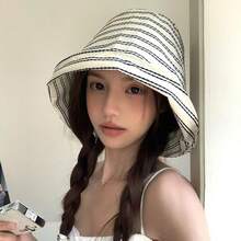 Mũ xô vành rộng kẻ sọc kiểu Pháp thời trang mới về, phong cách thường ngày, đa năng, chống nắng mùa hè, thoáng khí, kiểu dáng nhỏ nhắn, phong cách Hàn Quốc/Nhật Bản, mũ xô nhỏ nhắn được các ngôi sao mạng ưa chuộng. - Mũ khăn trùm đầu kẻ sọc - Xem 3