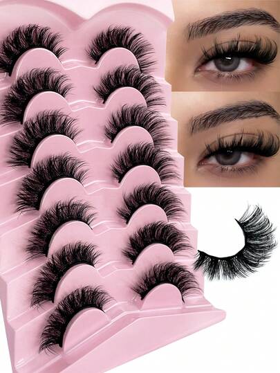 Hinarin 7 Pairs D Curl Russian Strip Lashes Short Fake Eyelash Mink Lashes Fluffy Wispy Lashes Natural Look 3D False Eyelashes
