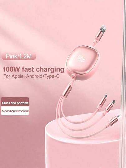 3-In-1 100W Fast Charging Charger Cable &Retractable One Tow Three Cable, Tpe Charging Data Line Compatible With Iphone And Compatible With Samsung Series, High Efficiency Charge Cable Nan