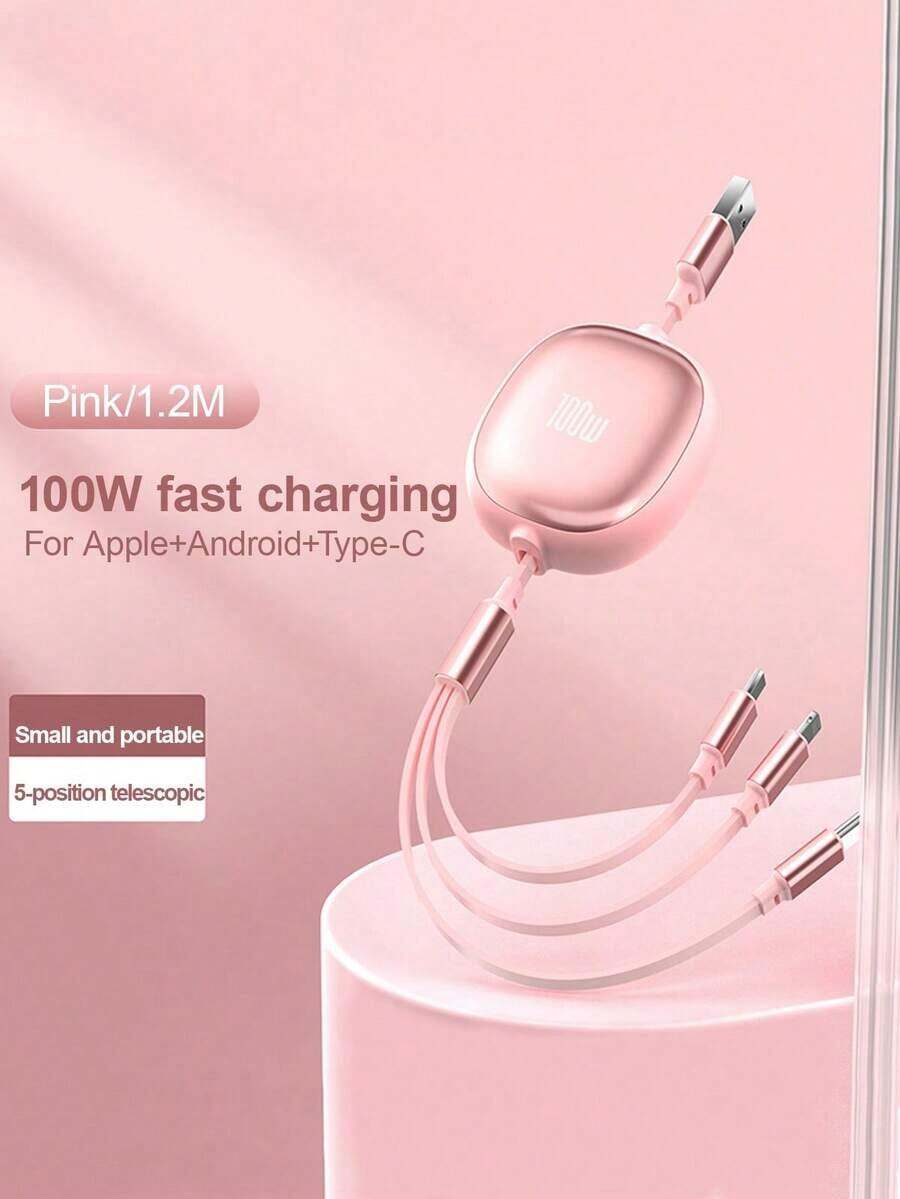 3-In-1 100W Fast Charging Charger Cable &Retractable One Tow Three Cable, Tpe Charging Data Line Compatible With Iphone And Compatible With Samsung Series, High Efficiency Charge Cable Nan - View 1