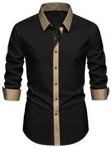 Men's Black Business Casual Shirt 2026 - Khaki Contrast Placket, Gold Metal Buttons, Comfortable, Work Shirt, Casual Friday, Daily Wear, Easy Care - Black - View 6
