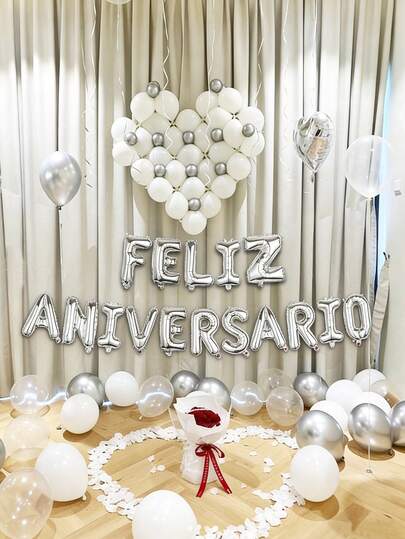 16件套西班牙语“周年快乐”字母串饰，包含金色、银色、玫瑰金三种颜色，适用于周年纪念派对、生日派对、求婚、订婚派对、家庭聚会装饰、室内外拍照道具。