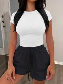 LovelyWholesale Women's Casual Solid Color Round Neck Short Sleeve T-Shirt And Drawstring Shorts Set, Summer Elegant - Black and White - View 3