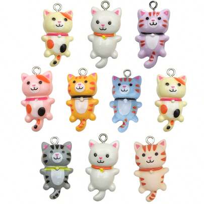 色彩缤纷的DIY可爱猫咪吊坠配件，卡通动物树脂装饰品，耐用龙虾扣饰品制作，装饰生日礼物卡片夹钥匙扣，适用于包包和车钥匙，可作挂饰、吊坠等。