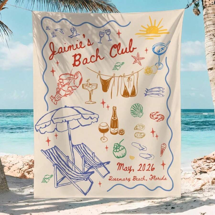 1PC Custom Beach Club Bachelorette Tapestry Coastal Themed Bachelorette Banner Miami Bach Club Bridal Party Shower Beach Bachelorette Decor, 5 Sizes Available - trắng - Xem 1