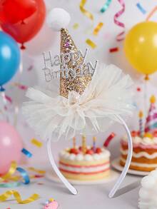 1pc White & Gold Mesh Birthday Headband With Rhinestones And Birthday Hat, Fashion Birthday Party Gift Hair Accessory For Girls - White - View 2