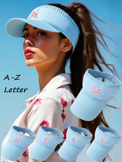 1pc Women's Personalized Floral A-Z Letter Open Top Knit Hat, Soft Knit Ponytail Baseball Cap, Sun Hat, Elastic Ponytail Knit Hat, Fashionable Open Top Knit Hat, Suitable For Shopping, Travel, Sun Protection And Daily Wear