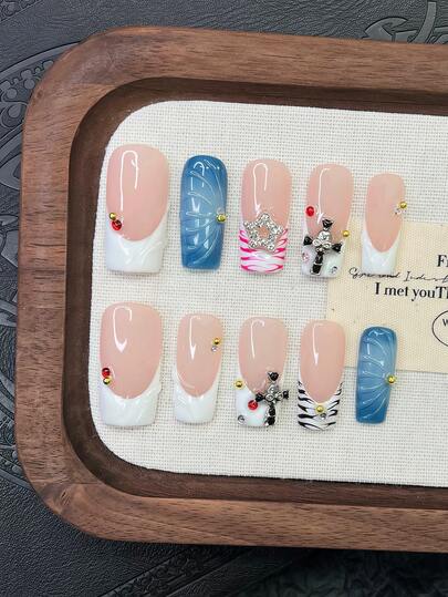 10pcs Y2K Nails Pipe-Shaped Press On Nails Set - Handcrafted, Pink Nails, White Nails, White French Tip Nails, Handmade 3D Water Droplet Pattern Nail Art, Hand Drawn Pink And Black Zebra Stripe And 3D Water Droplet Pattern Design, Hand Drawn Blue Gradient Nails, Sparkling Silvery Ghost Cross And Colorful Rhinestone Decoration