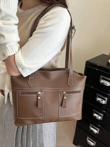 Solid Color New Retro Commuting Large Capacity Practical Handbag, Classic Versatile And Elegant Multi Pocket Zipper Design Women's Shoulder Bag, Suitable For Shopping, Wallets, Shopping, Young Women, College Students, Newcomers And White-Collar Workers. They Are Very Suitable For Offices, Universities, Work, Business, Commuting, Outdoor Activities, Travel, And Outings - Coffee - View 3